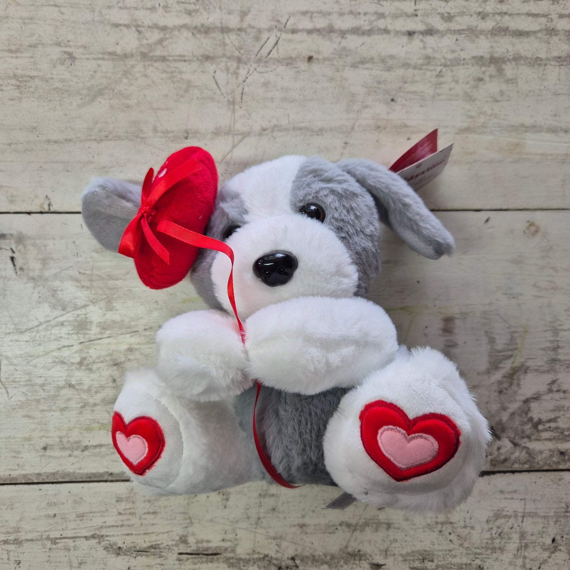 plush dog holding heart