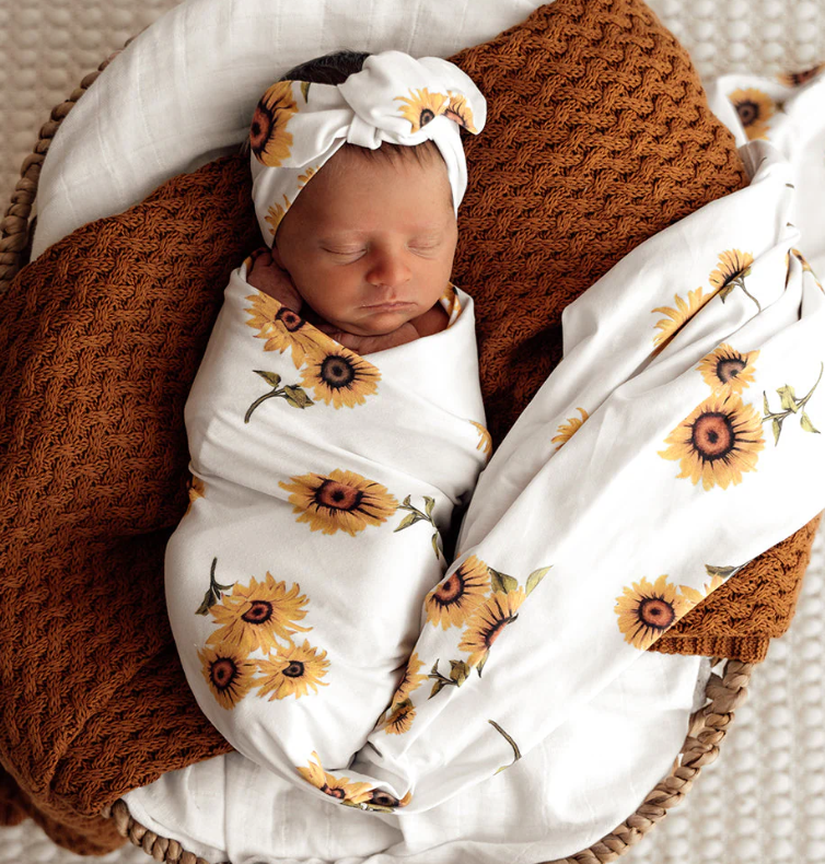 Baby Gift - Organic Snuggle Swaddle Wrap and Topknot or Beanie Set